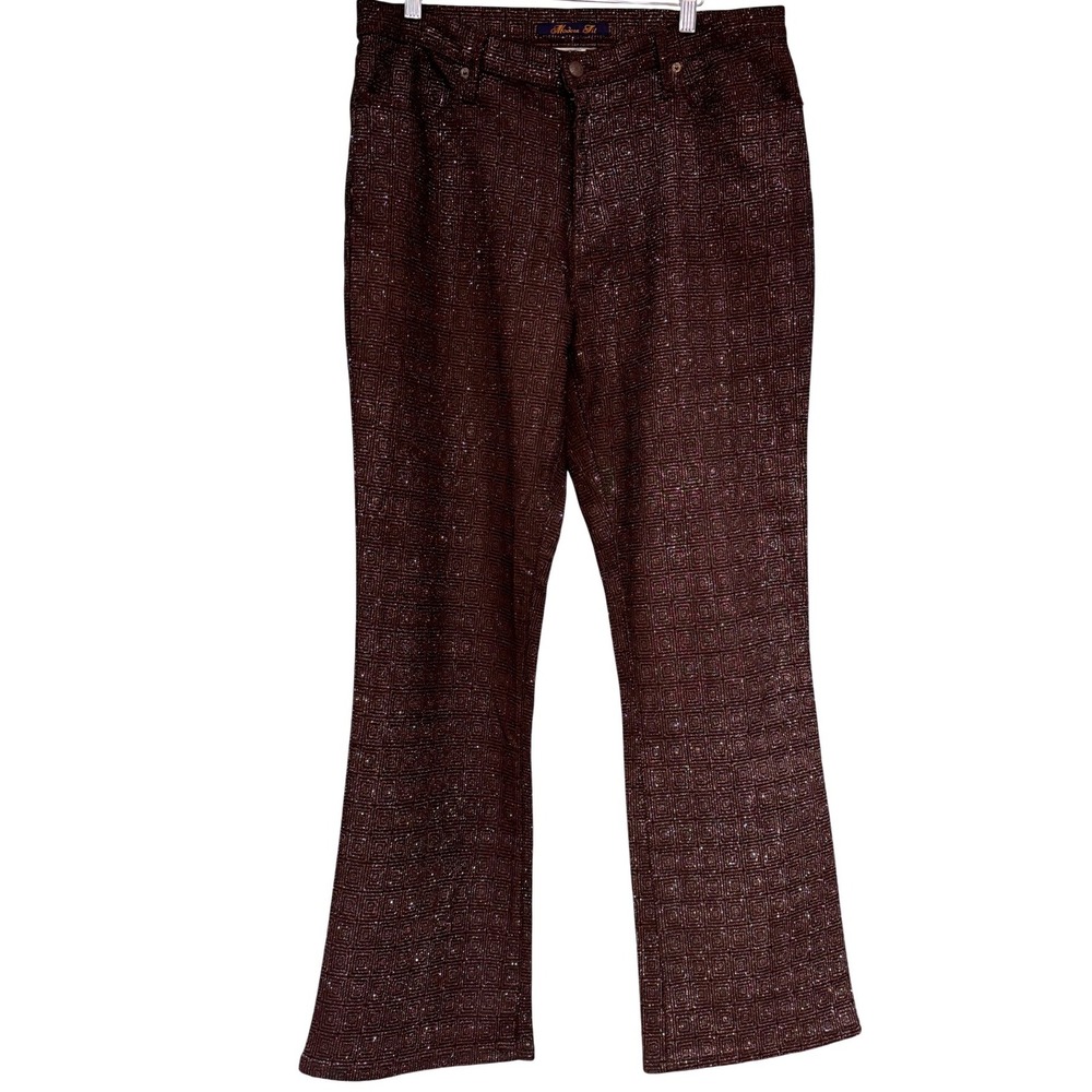 Bill Blass Modern Fit Brown Metallic Glitter Geometric Flare Leg Jeans Womens 14